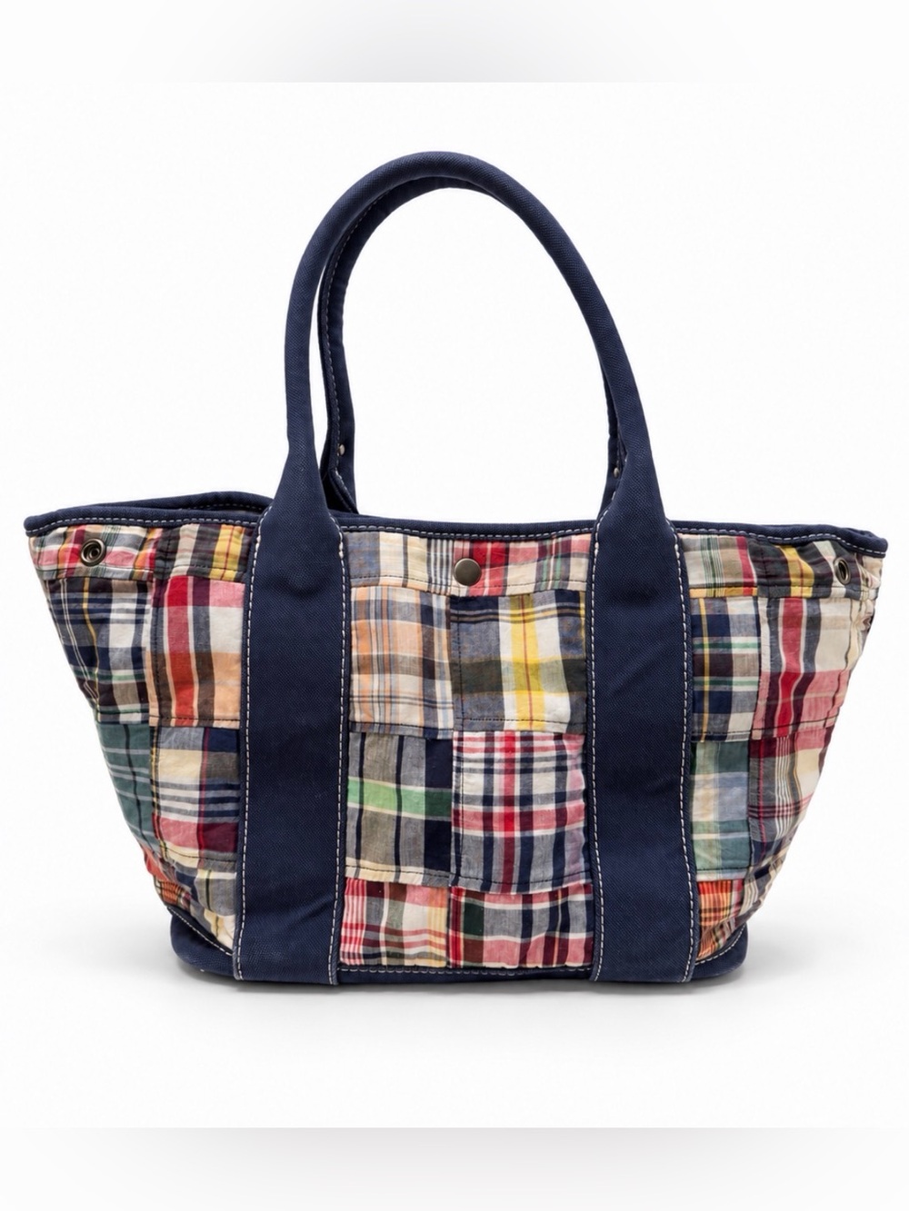Madras Patchwork Plaid Vintage J.Crew Large Tote Bag Navy Canvas